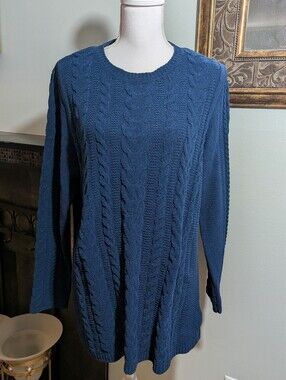 J.Jill Women's Medium Chenille Sweater Blue Cable Knit Crew Neck